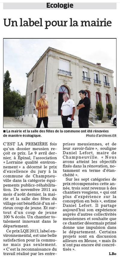 Article de presse de L'Est Républicain du 11 mai 2013