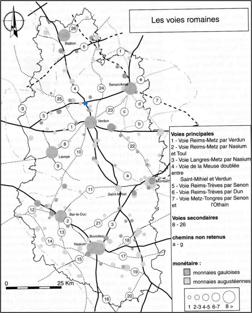 Carte des voies romaines de Meuse