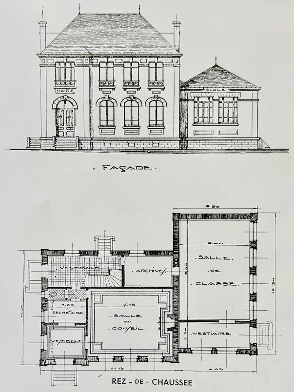 Plan et élévation de la Mairie de Champneuville par Émile et Marcel Delangle